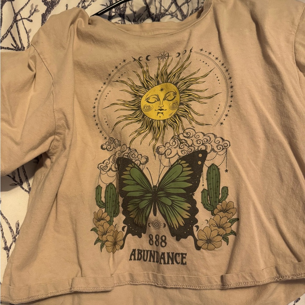 Beige Graphic Tee with Sun and Butterfly Design